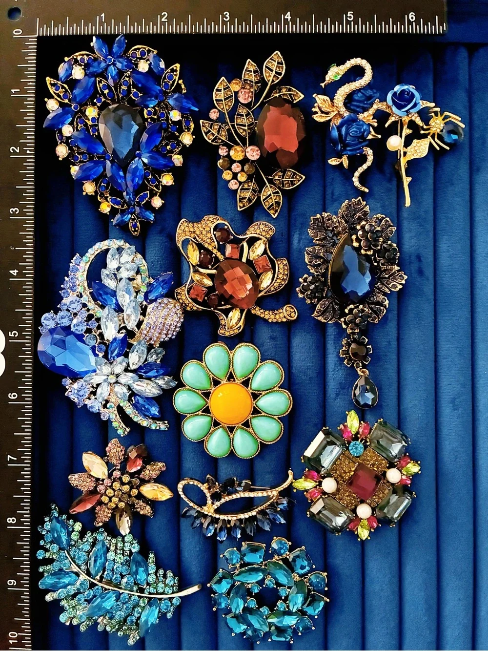 Lot 14 Statement Brooches Pins Blue Teal Crystal Rhinestone Floral Leaf Snake